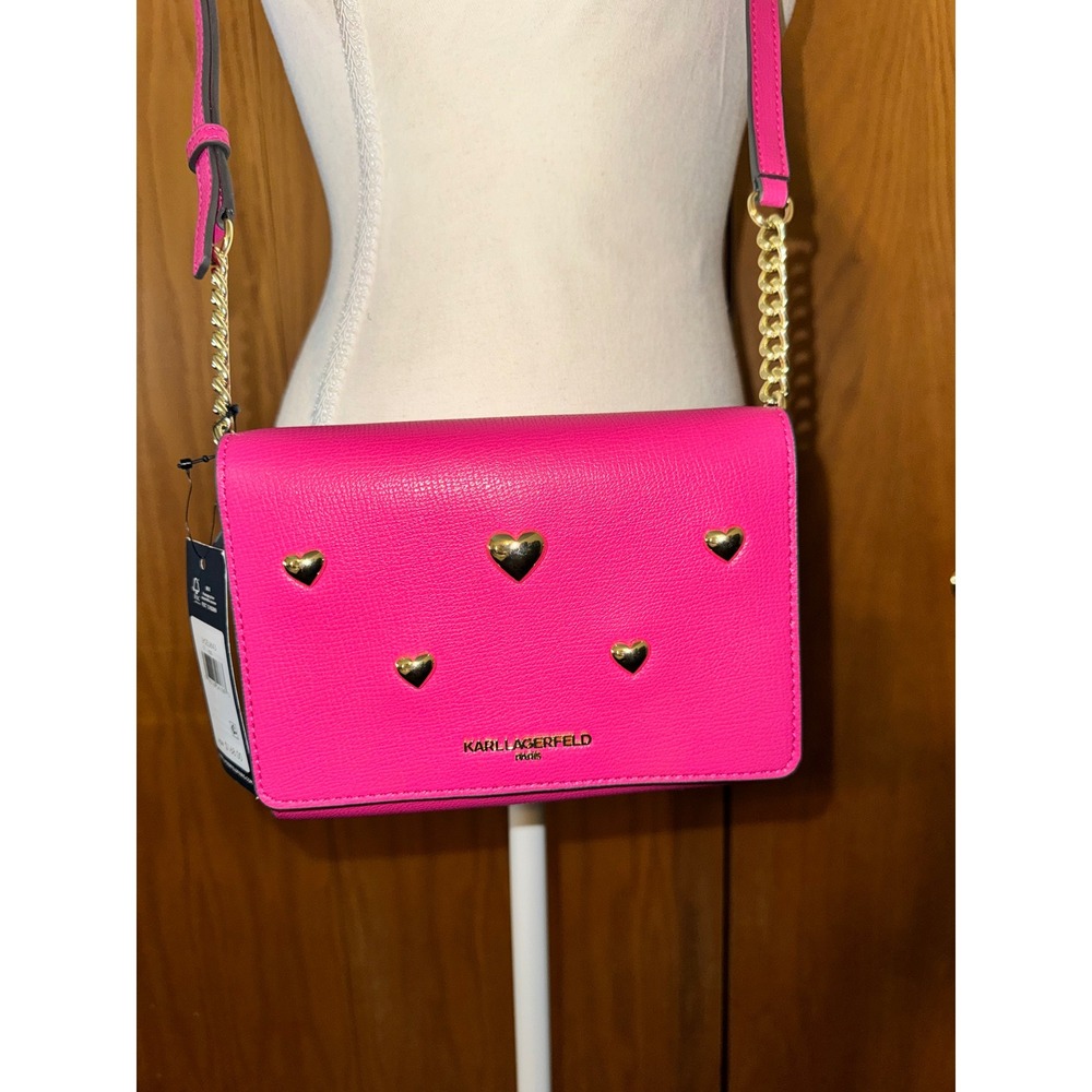 Karl Lagerfeld Paris Raspberry Pink Heart Studded Crossbody Bag LH2EU6VU - Picture 3 of 5
